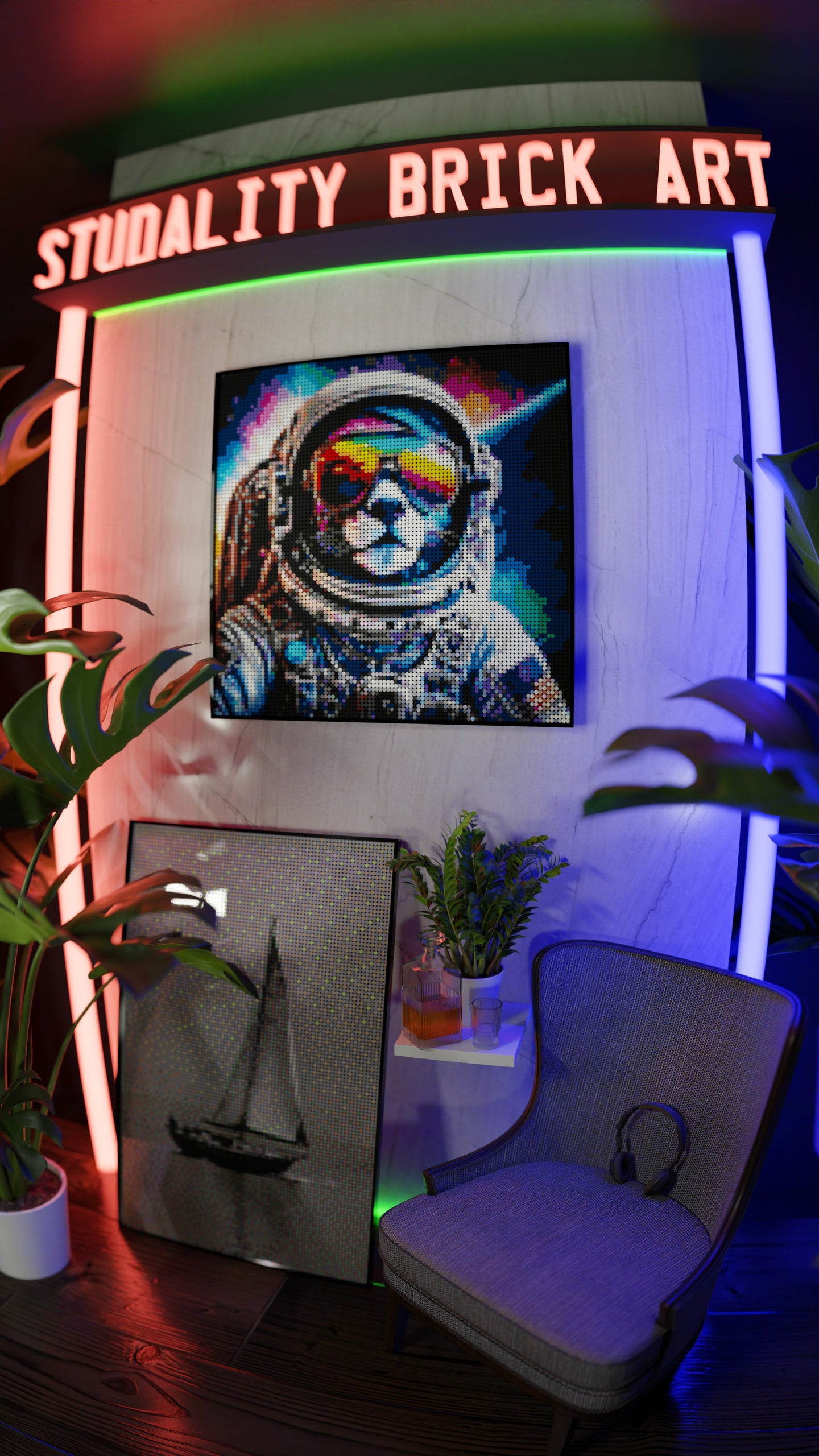 Purrsuit of Space LEGO® Style mosaic wall art made from colorful plastic bricks